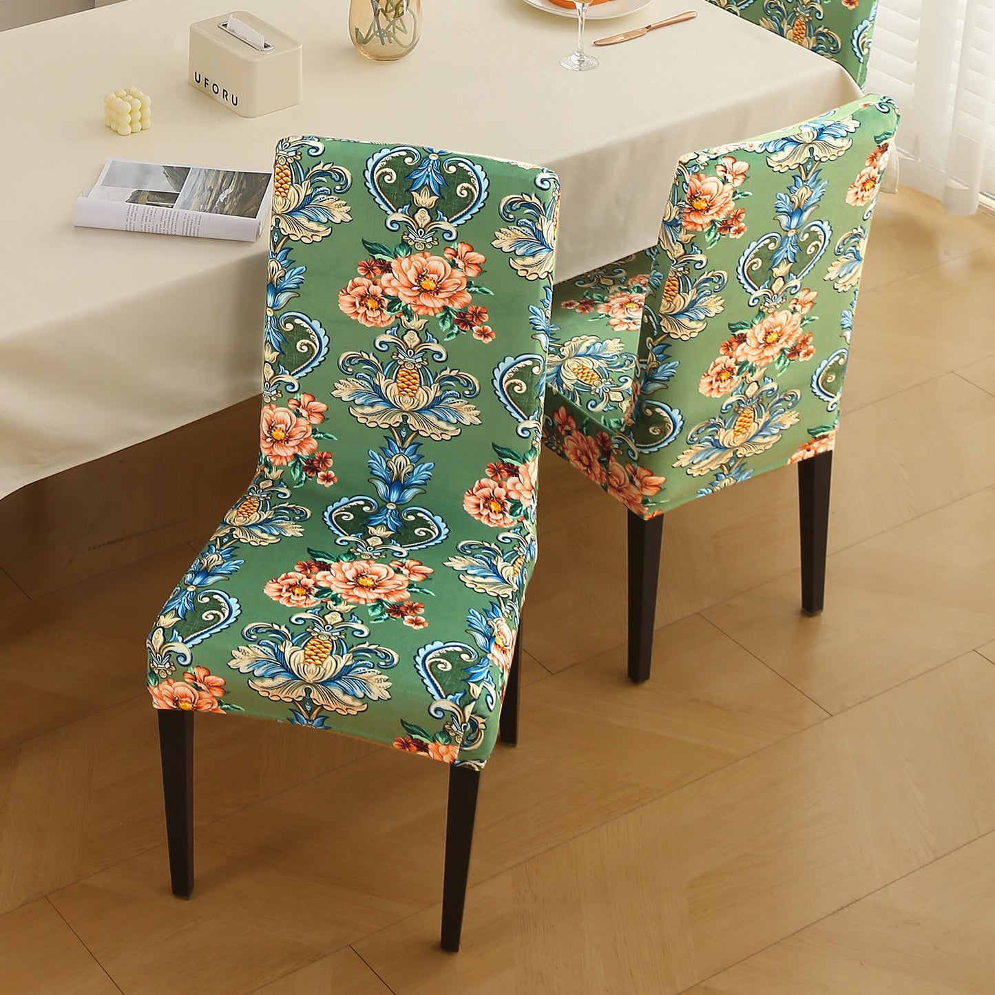 Premium Printed Velvet Dining Chair Cover Set, Green Victorian Garden