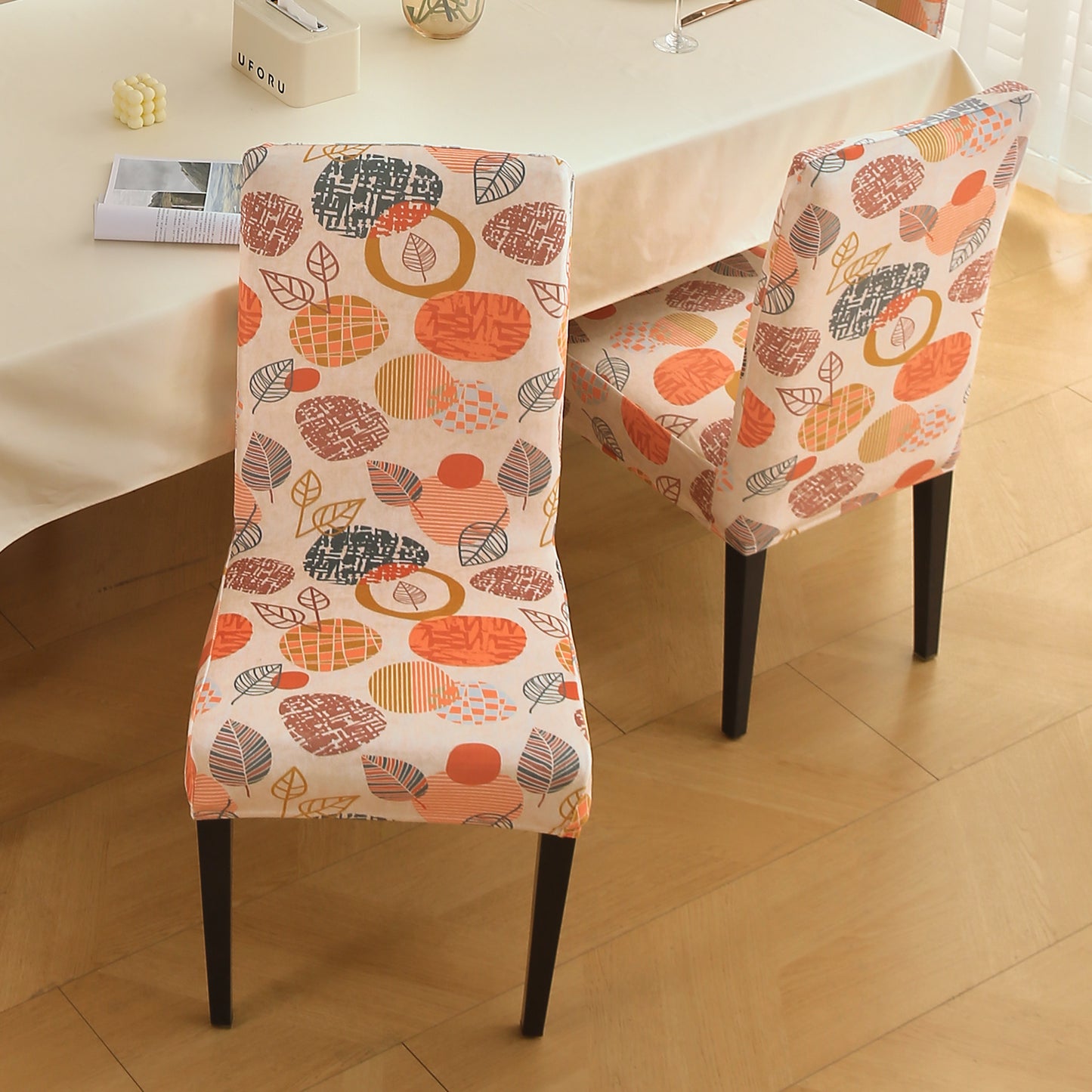 Premium Printed Velvet Dining Chair Cover Set, Coral Autumn Leaves