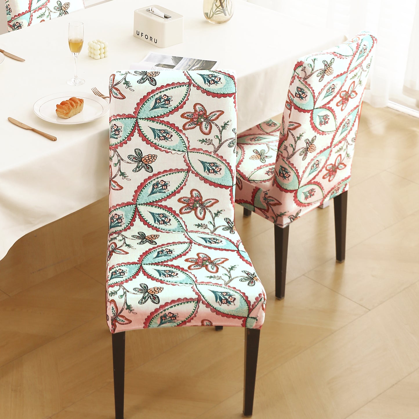 Premium Printed Velvet Dining Chair Cover Set, Beige Persian Garden