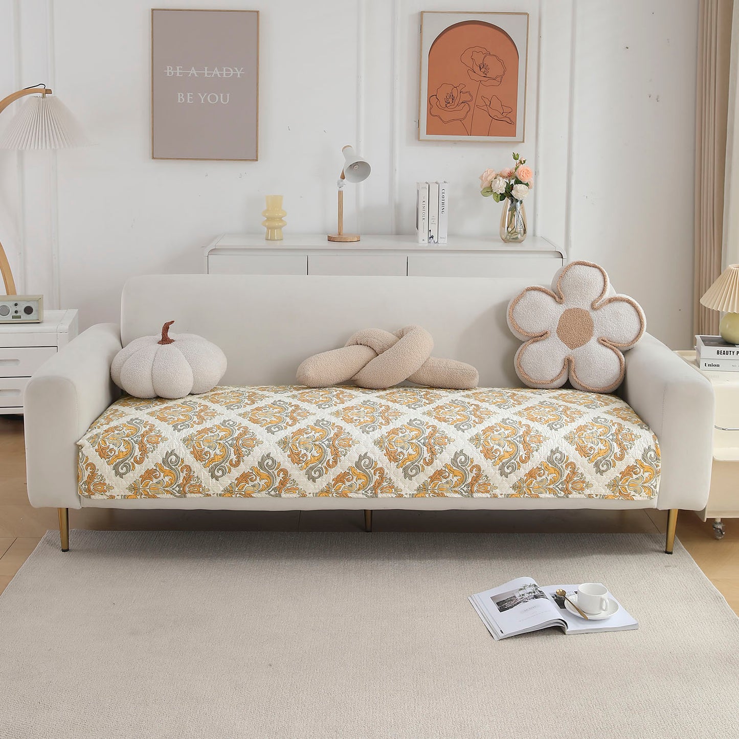 Polyester Printed Quilted Sofa Cover Mats, Damask Beige
