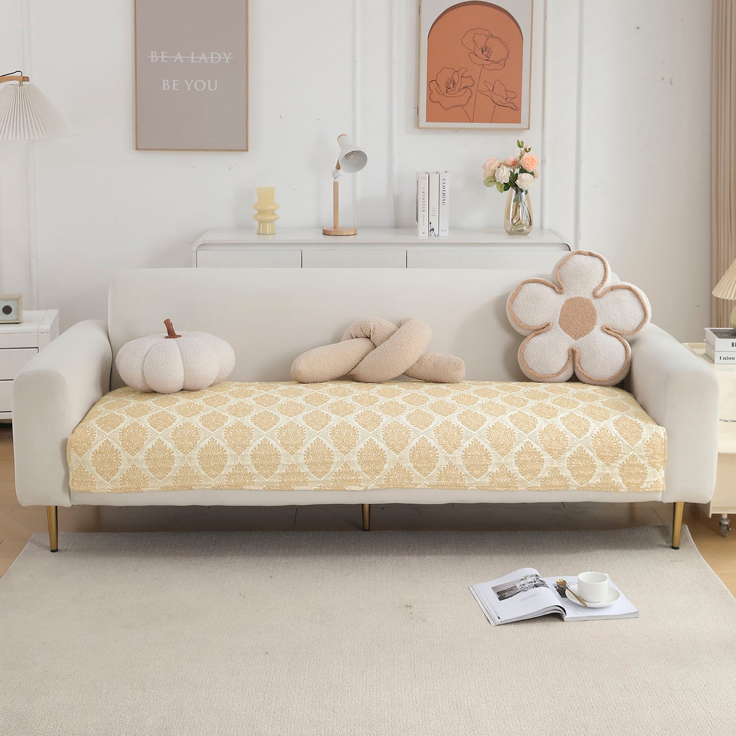 Quilted Sofa Seat Mat Covers for 1/2/3 Seater Sofa, Ogee Ivory