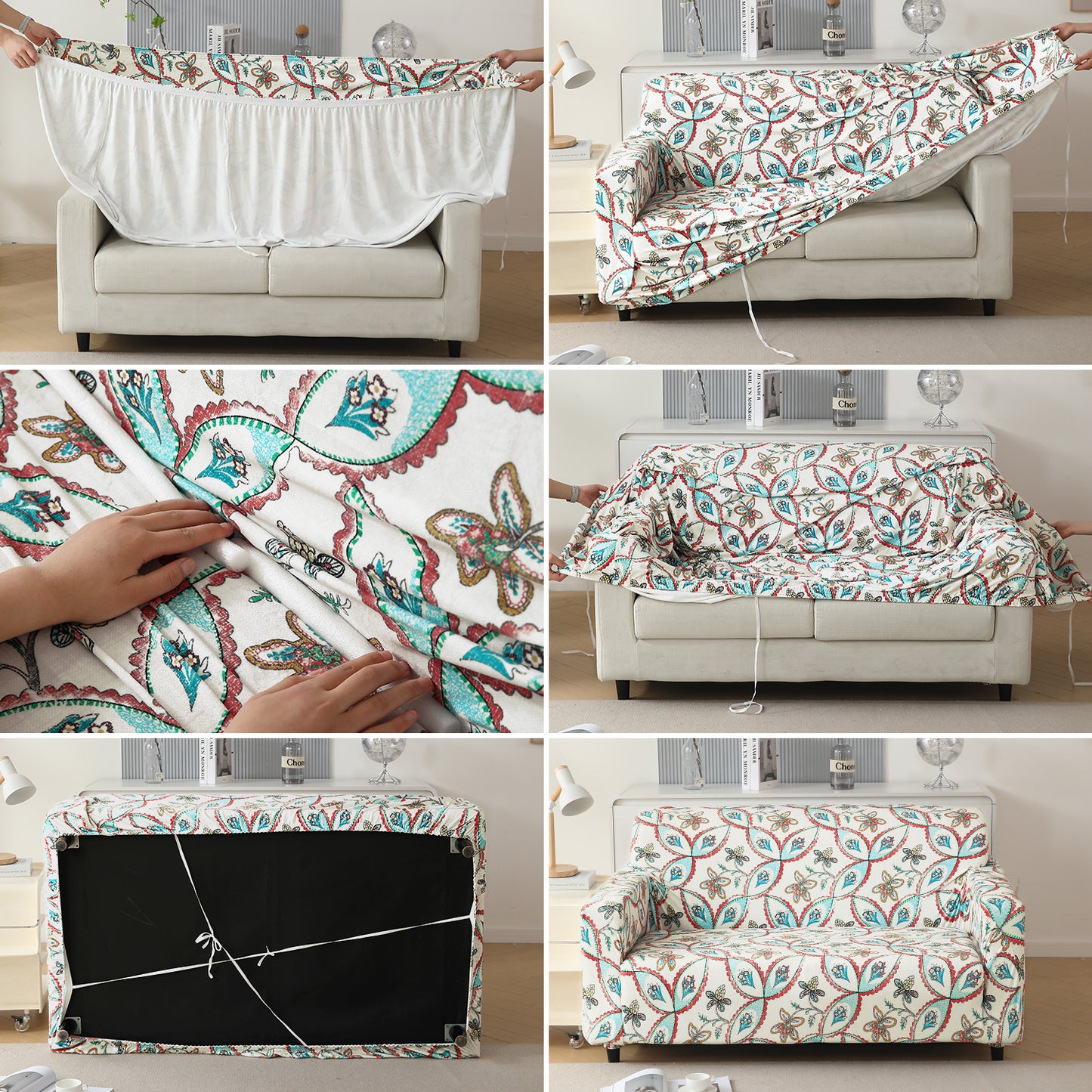 Premium Printed Velvet Sofa Cover 1/2/3 Seaters Fully Covered, Beige Persian Garden