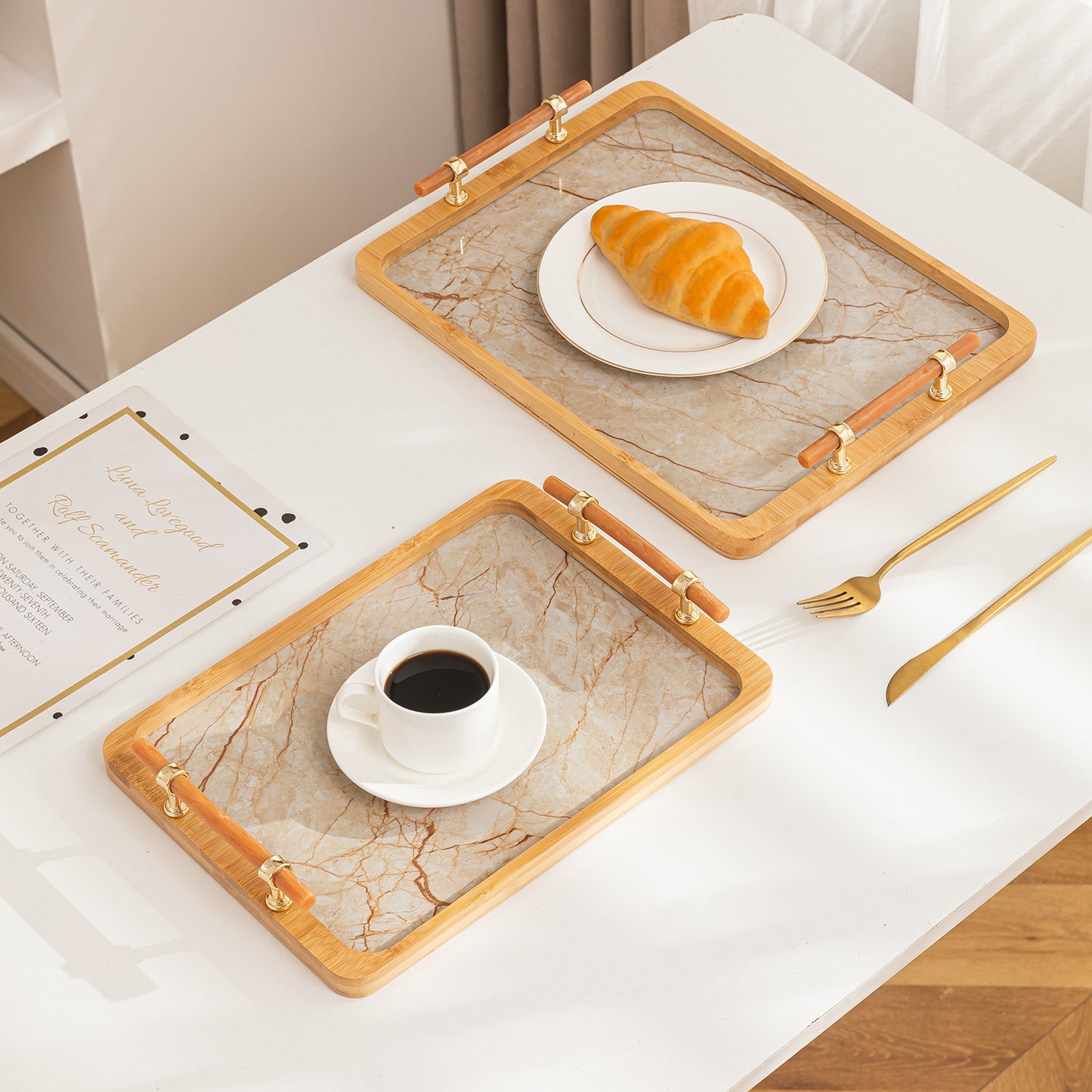 Luxury Bamboo Serving Tray Set with Faux Marble Base with Golden Handles