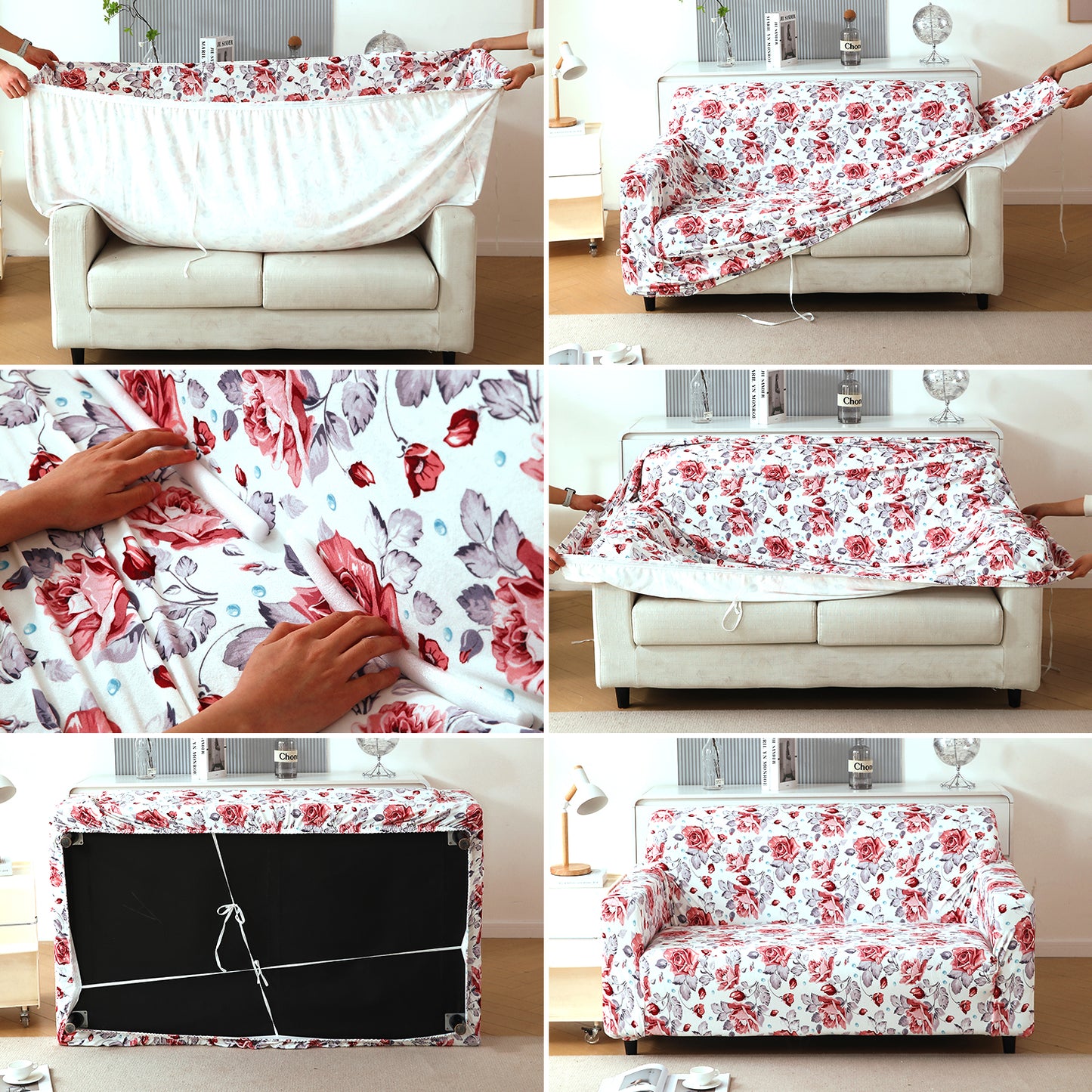Premium Printed Velvet Sofa Cover 1/2/3 Seaters Fully Covered, Red Cottage Rose
