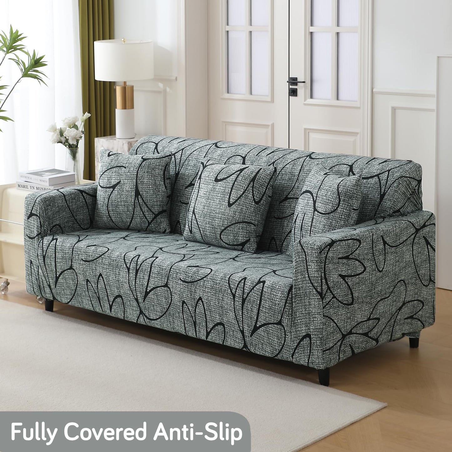 Intense Grey Abstract Floral non slip elastic 3 seater sofa cover