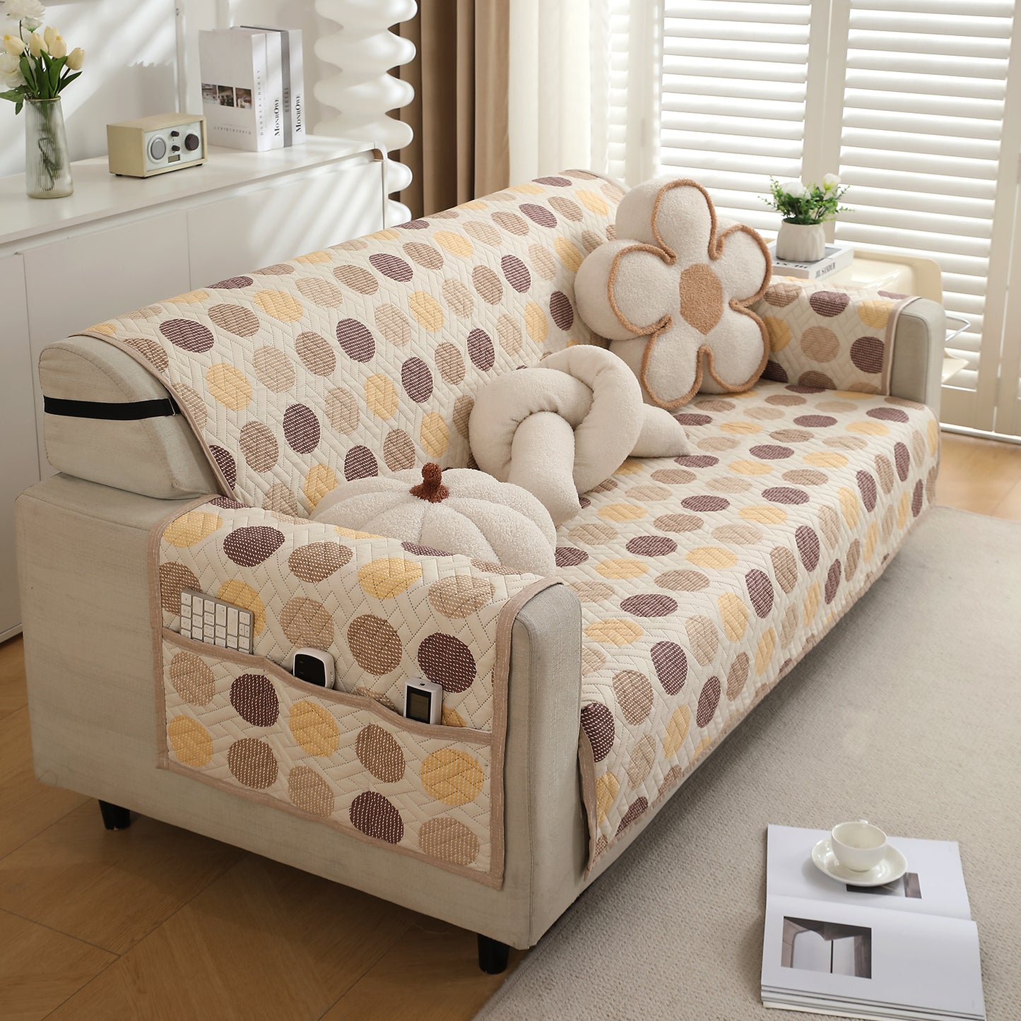 3 seater Brown Polka Dot Printed quilted sofa ke cover
