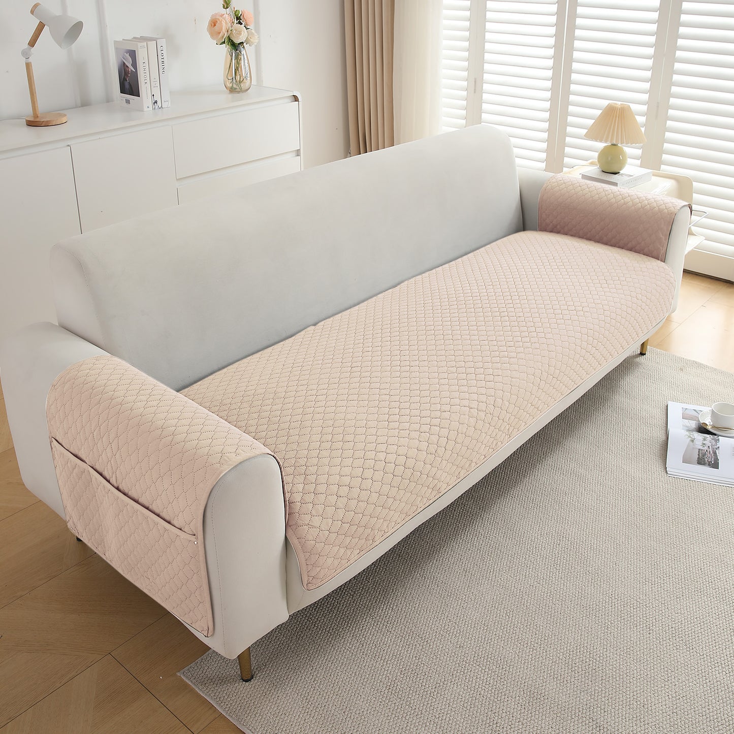 Quilted Sofa Cover Mat with 2 Armrest Covers Pockets, Beige
