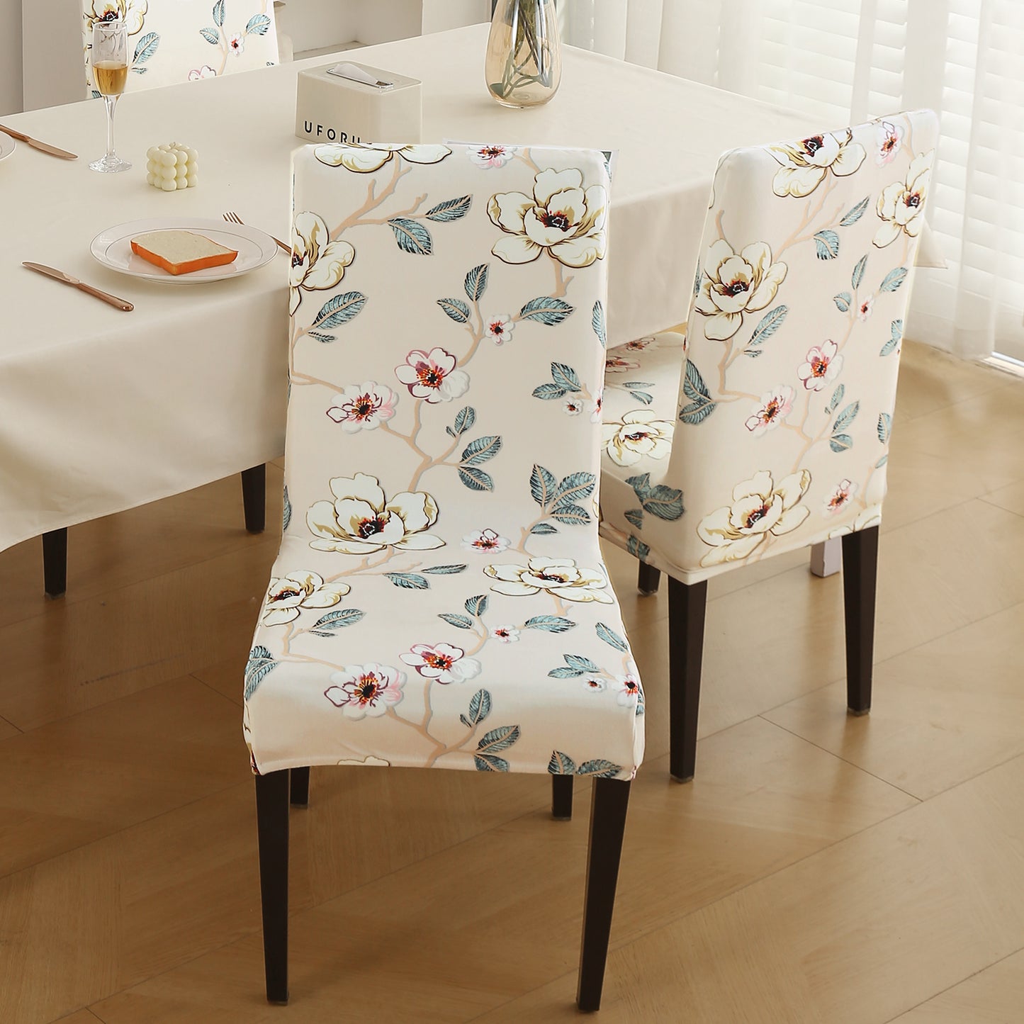 Premium Printed Velvet Dining Chair Cover Set, Buttercream Magnolia Whisper