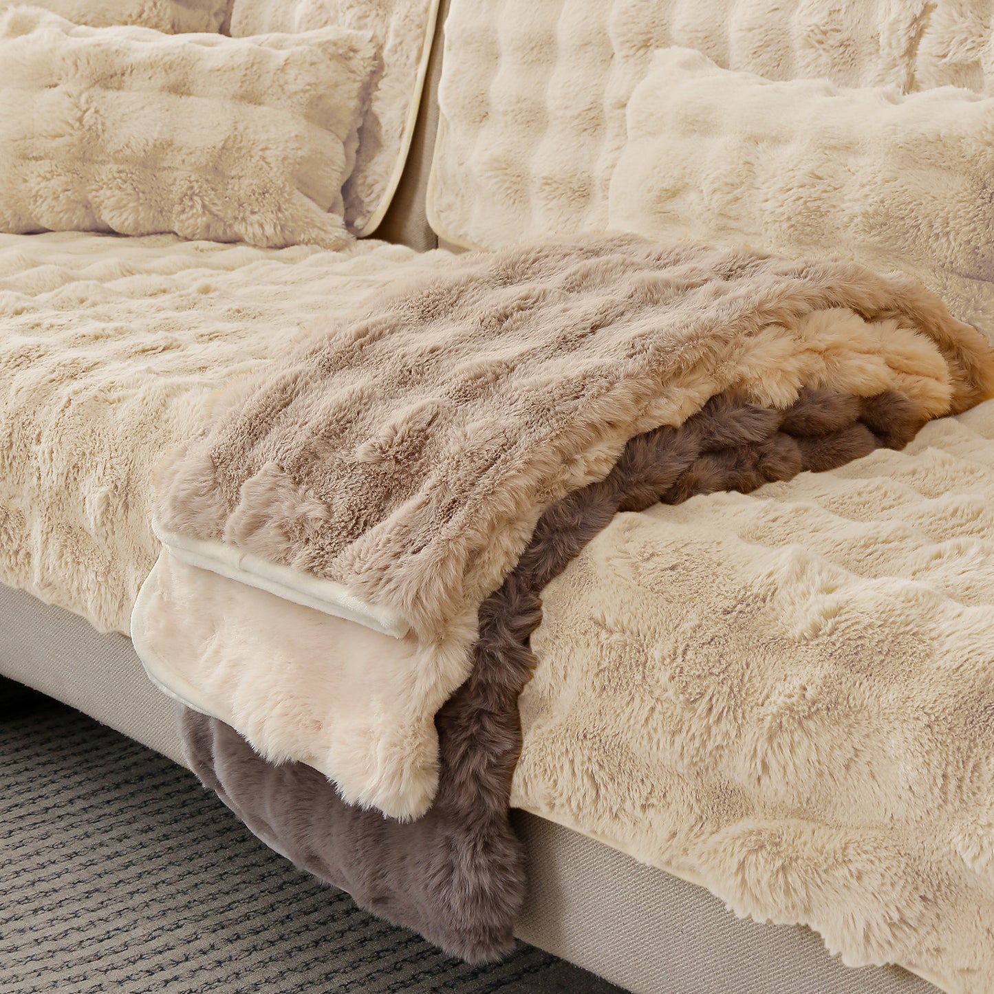 Premium Faux Rabbit Fur Anti Slip Sofa Mat for 1/2/3 Seater, Latte Brown