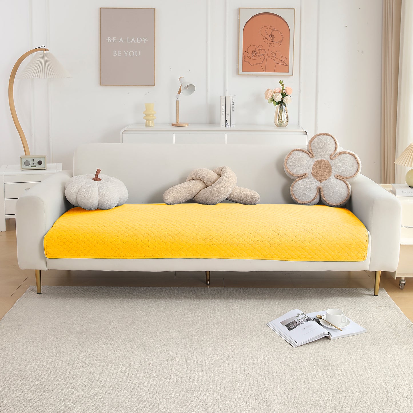 Quilted Sofa Cover Mat for 1/2/3 Seater Sofa, Yellow