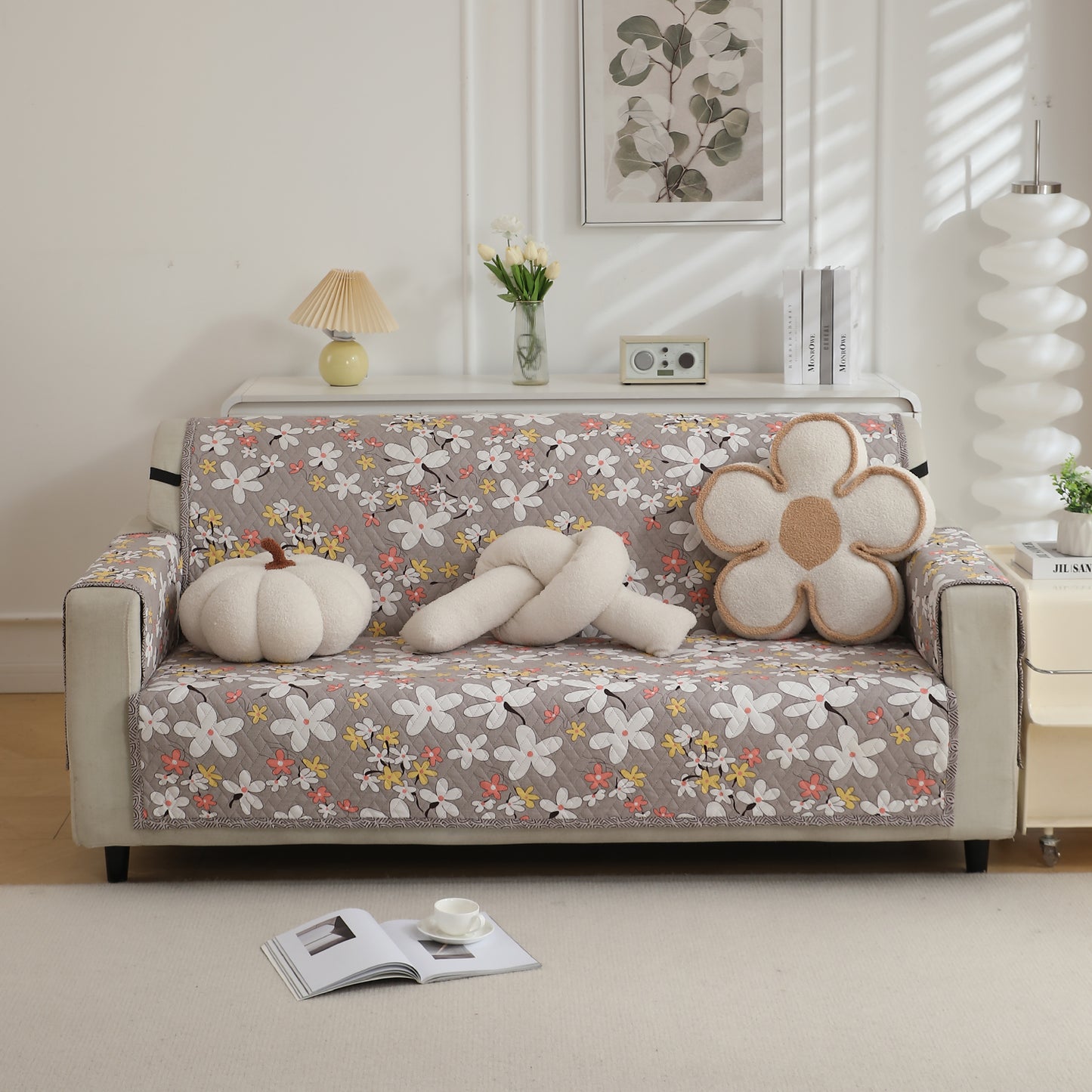 Pastel Brown Sandwort Flower Printed quilted elegant 3 seater sofa cover