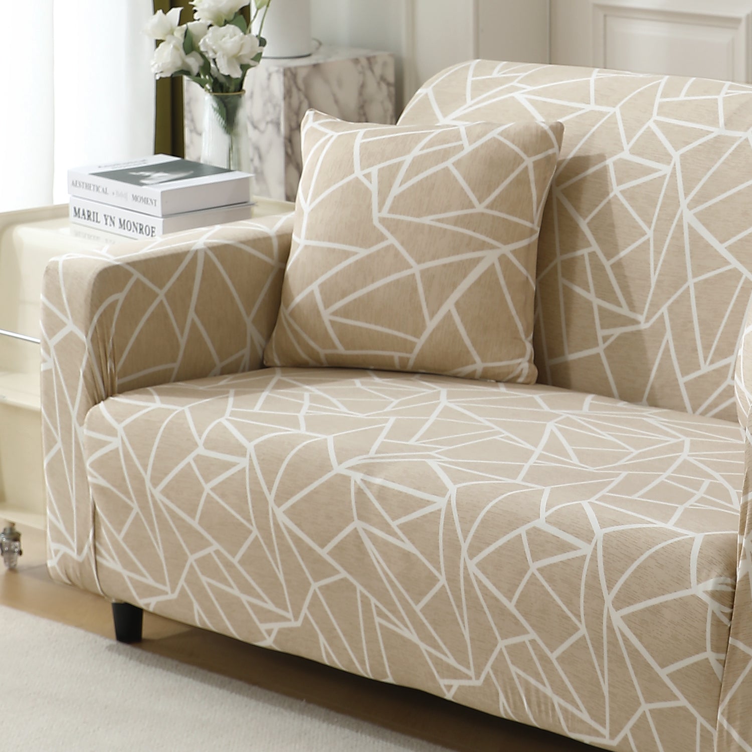 Beige Abstract Geometry Print stretchable sofa cover sets