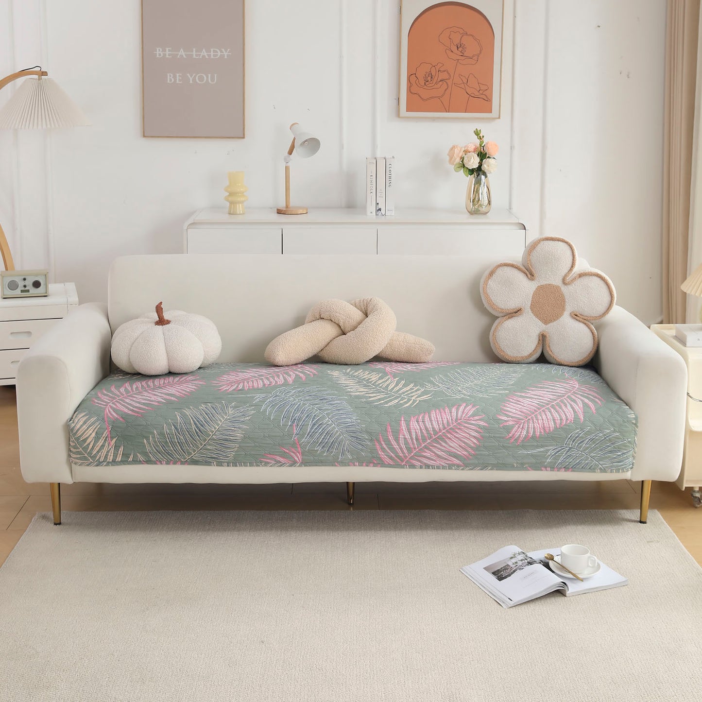 Polyester Printed Quilted Sofa Cover Mats, Tropical Leaves Pastel Green