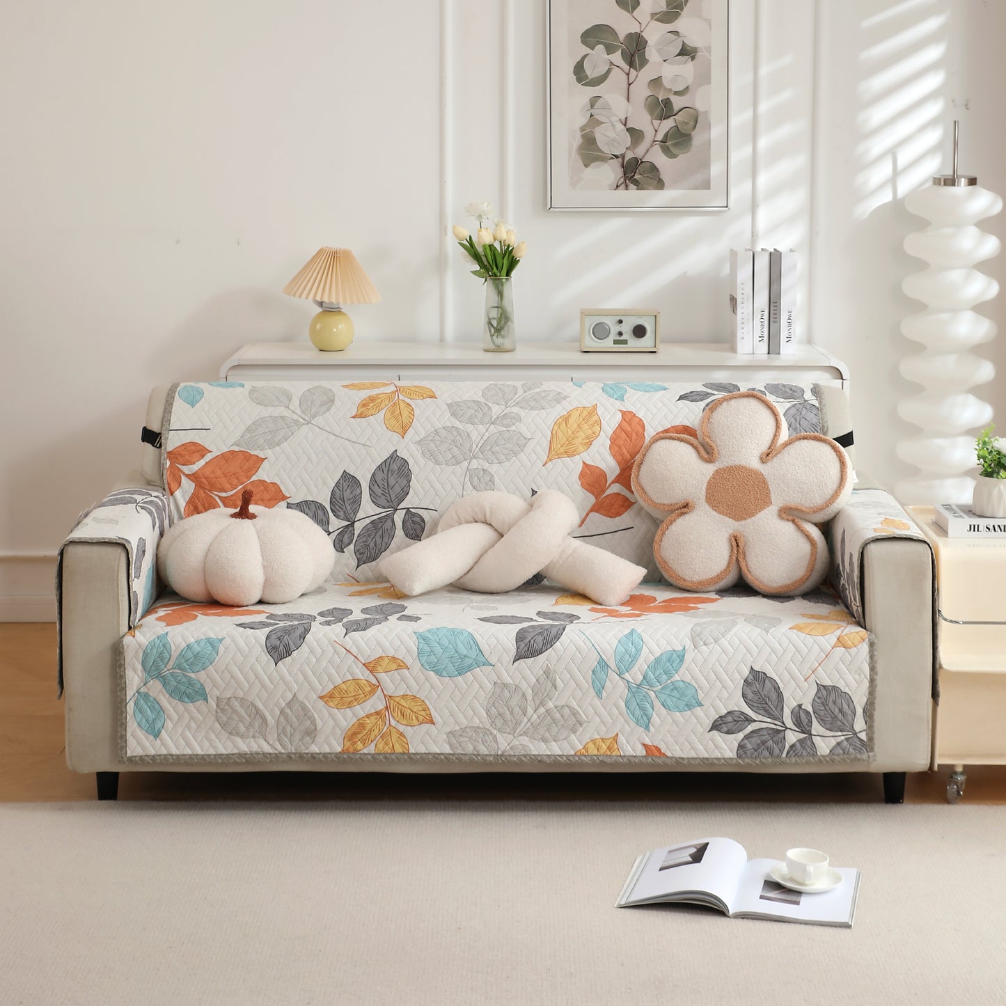 Quilted Sofa Cover with Pockets, Multicolor Leaves