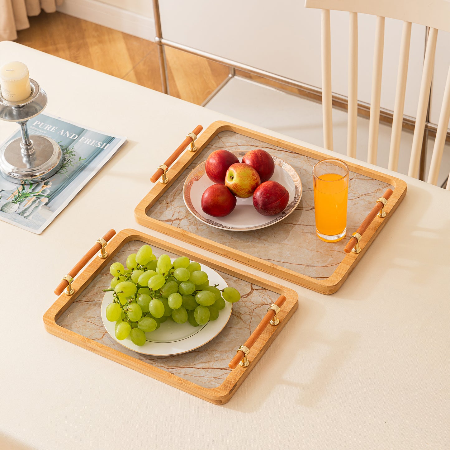 Luxury Bamboo Serving Tray Set with Faux Marble Base with Golden Handles