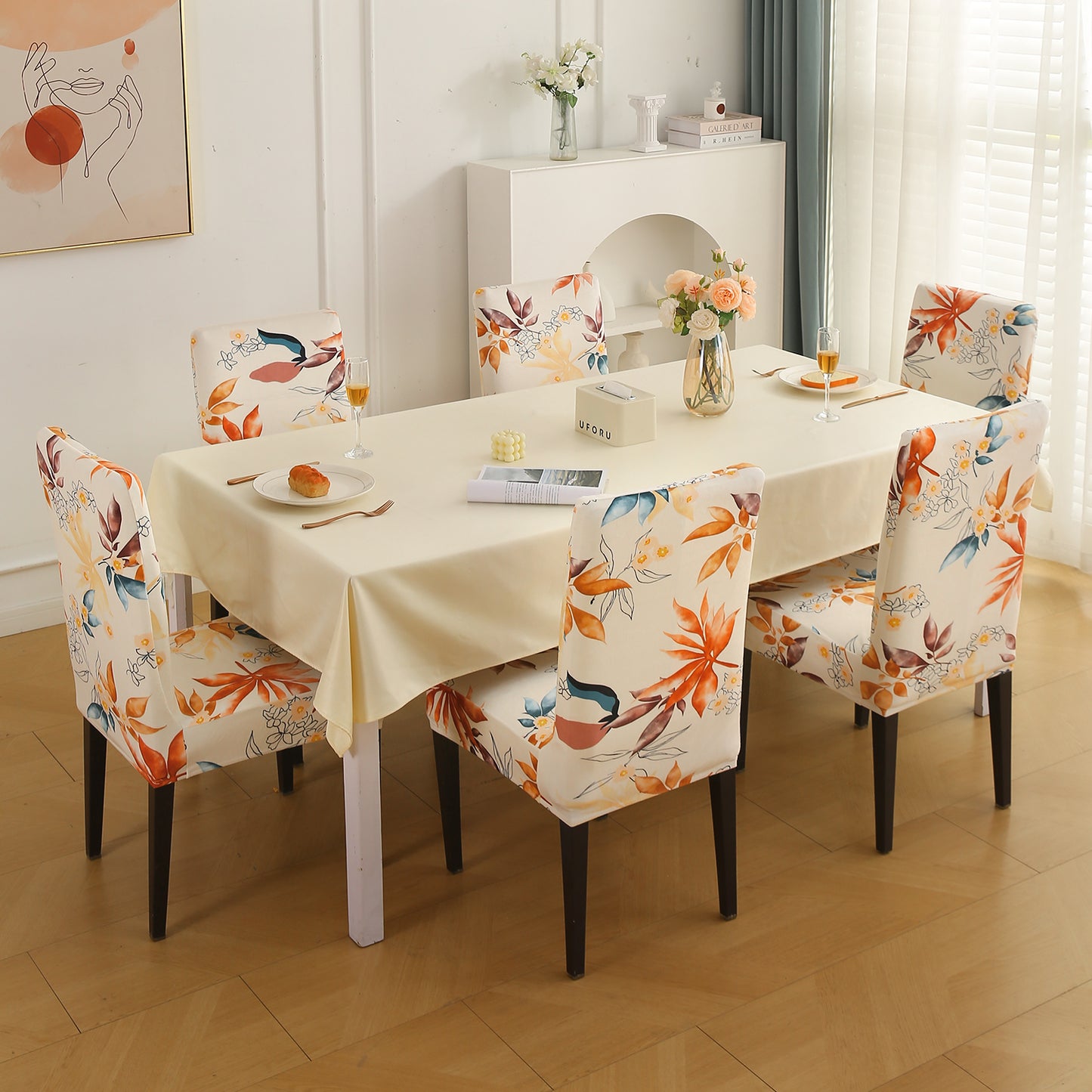 Premium Printed Velvet Dining Chair Cover Set, Amber Serene Flora
