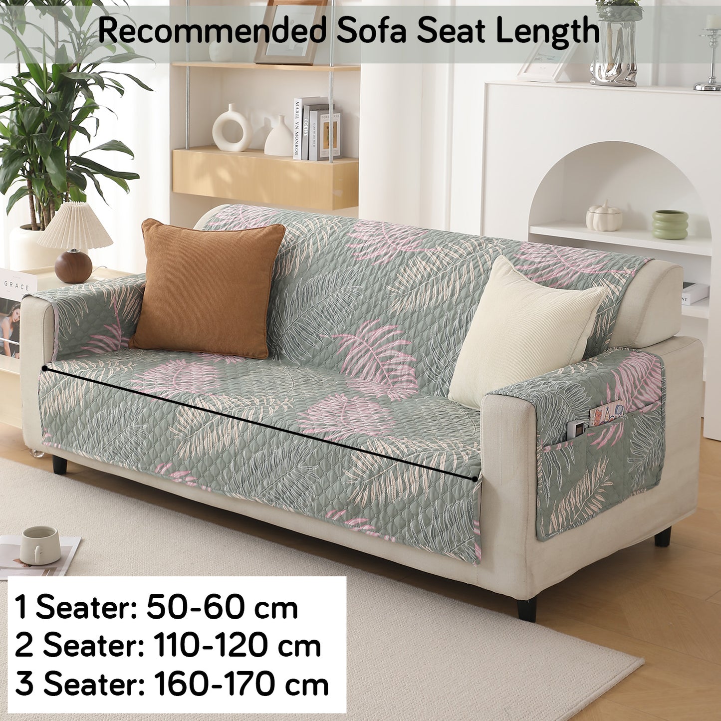 Quilted Printed Polyester Sofa Cover Mat for 1/2/3 Seater Sofa with Side Pockets, Pet Friendly, Tropical Leaves Pastel Green