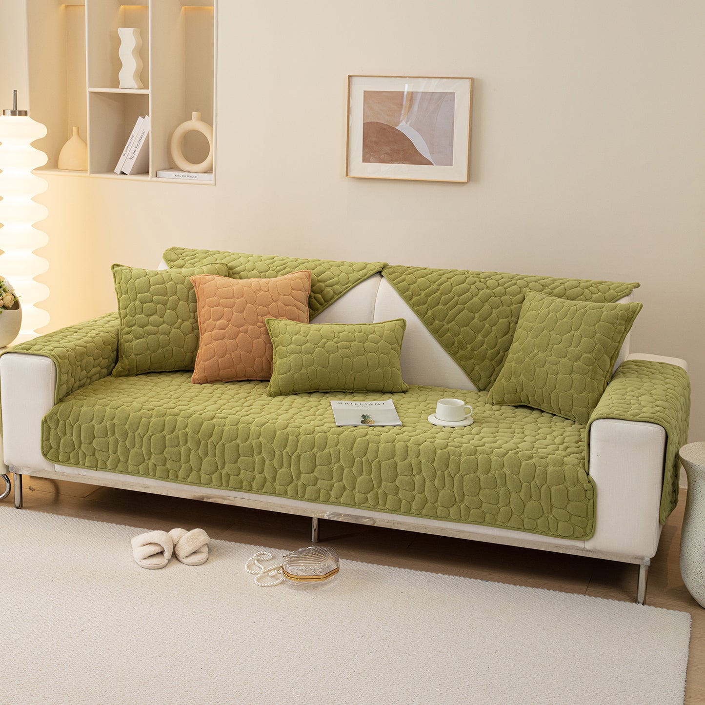 Premium Pebble Milk Velvet Anti Slip Sofa Mat for 1/2/3 Seater, Pristine Green