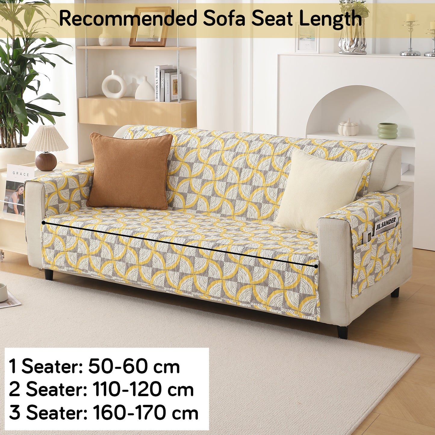 Quilted Printed Polyester Sofa Cover Mat for 1/2/3 Seater Sofa with Side Pockets, Pet Friendly, Windmill Cyber Yellow