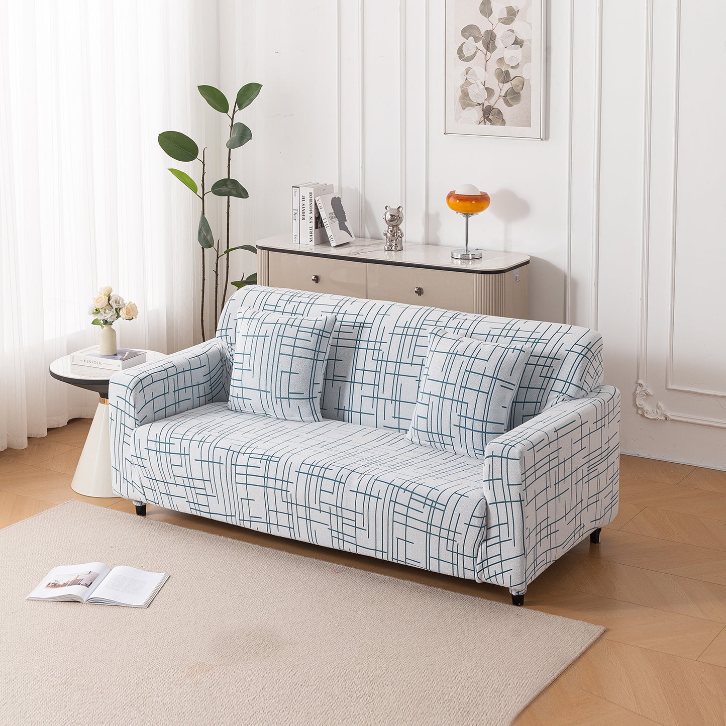 'Crossline Series' Jacquard Sofa Cover 1/2/3/4-seater Fully Covered, Teal Blue
