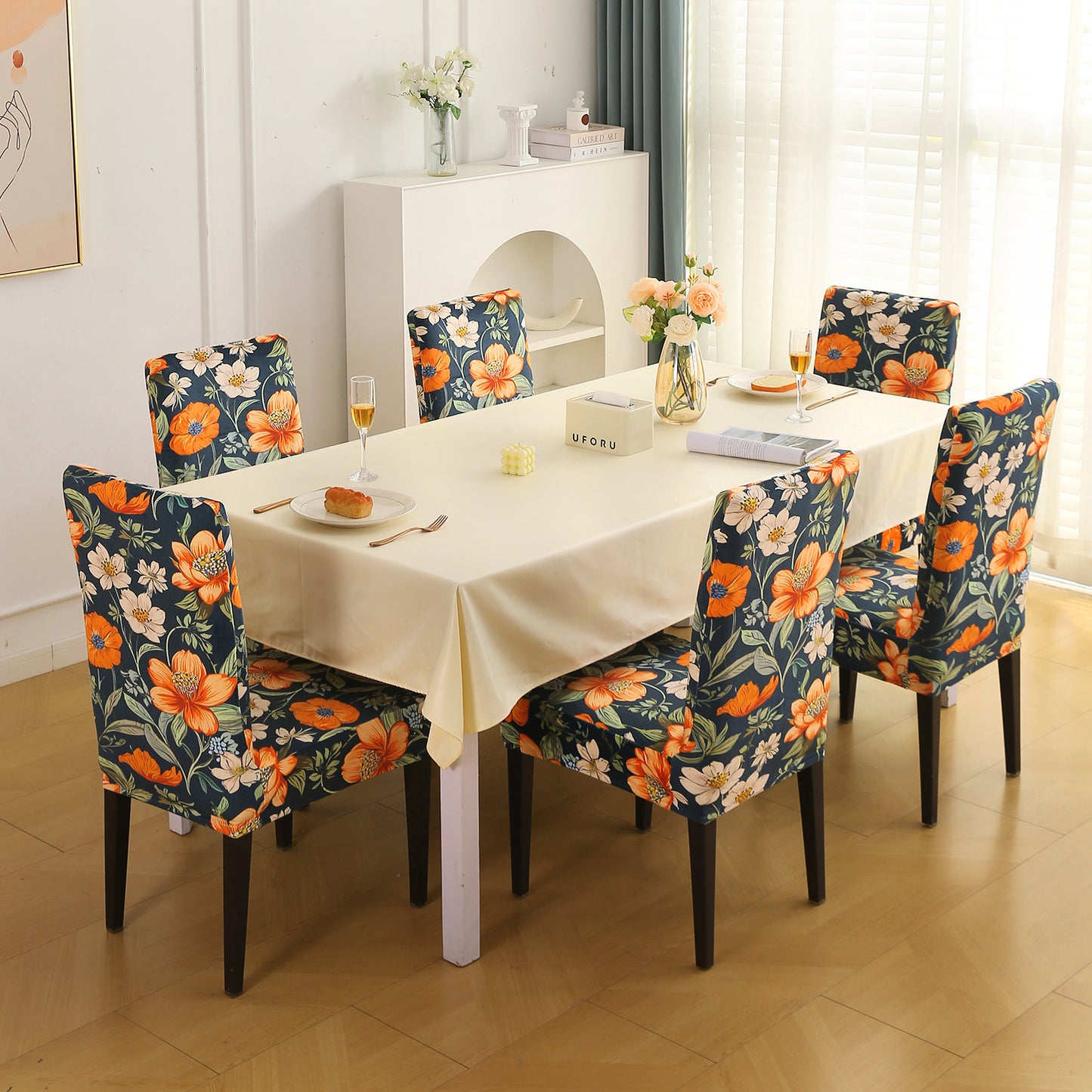 Premium Printed Velvet Dining Chair Cover Set, Teal Twilight Garden