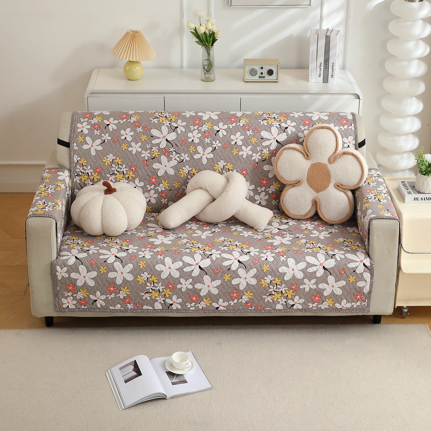 Pastel Brown Sandwort Flower Printed quilted three seater sofa cover with armrest and side pockets