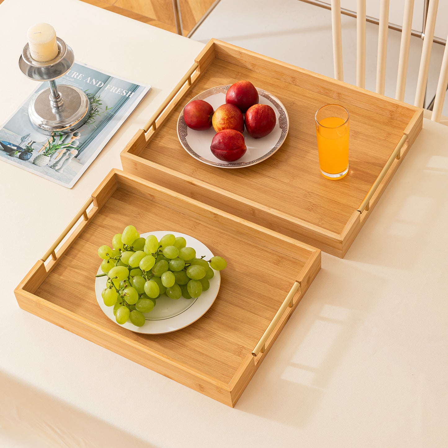 Bamboo Set of 2/3 Serving Tray Set with Gold Handles – Elegant Wooden Trays for Kitchen