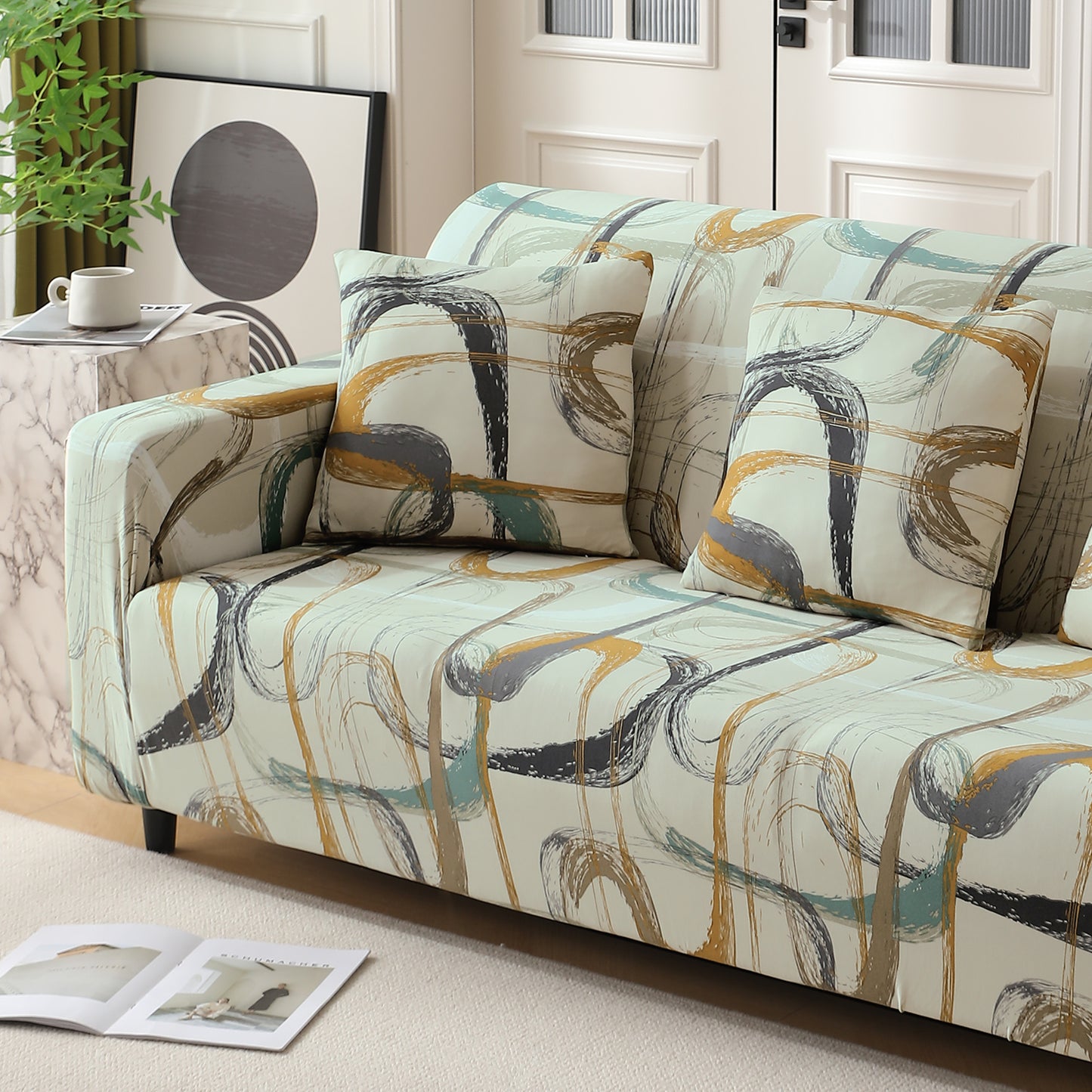 Parchement Beige Abstract Art modern elastic 3 seater sofa covers