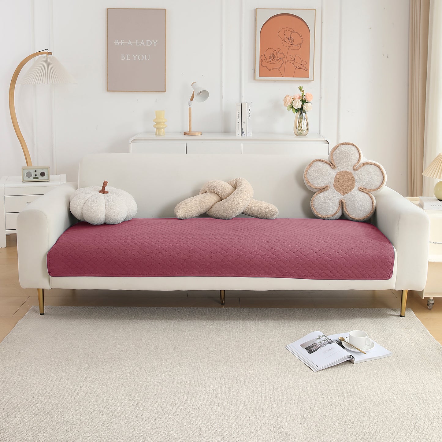 Quilted Sofa Cover Mat for 1/2/3 Seater Sofa, Mauve Pink