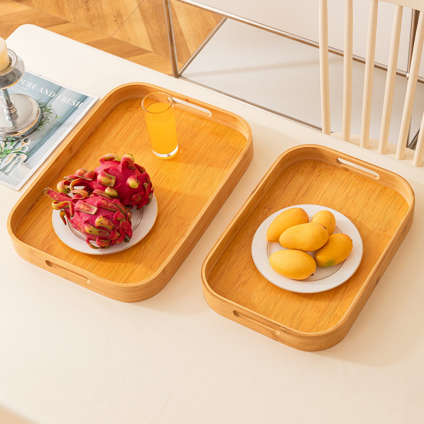 Natural Bamboo Serving Tray Set of 2/3 – Multipurpose Kitchen Tray with Handles