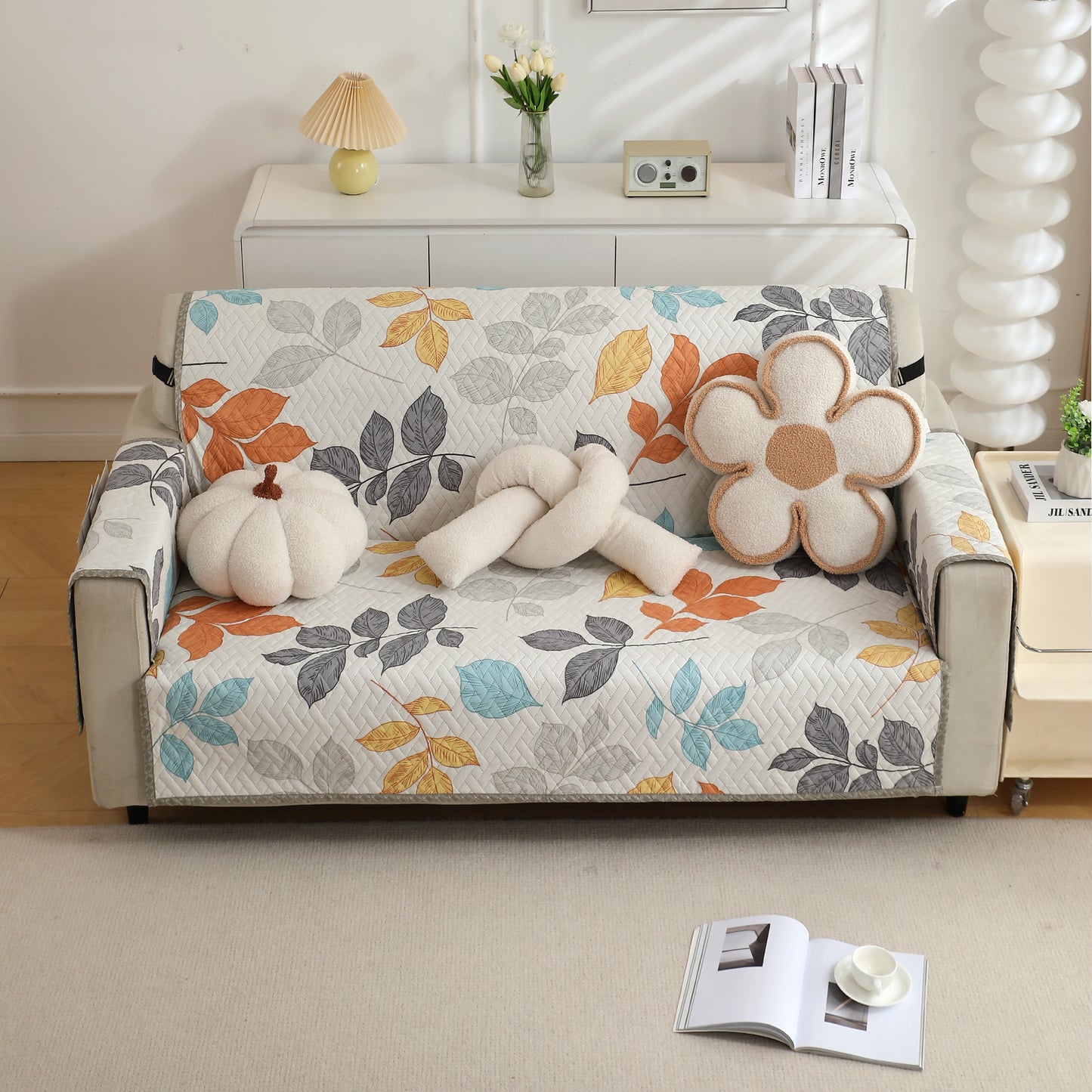 Quilted Sofa Cover with Pockets, Multicolor Leaves