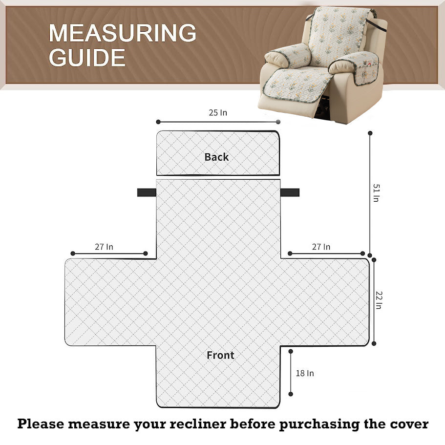 Quilted Cover for Recliner Sofa with SecureFit Belt & Side Pocket, Light Green Ash Gypsy Flower