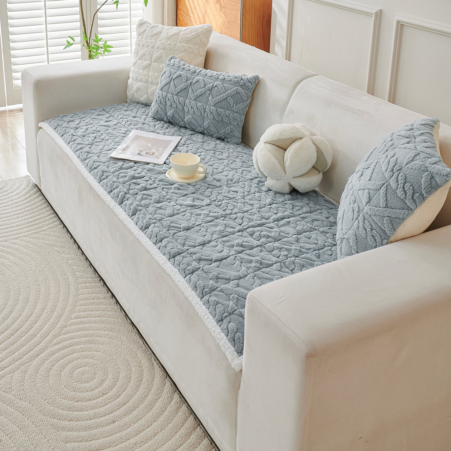 'Italian Caelora' Luxury Jacquard Plush Sofa Cover Mat and Anti-Slip Armrest Covers - Powder Blue