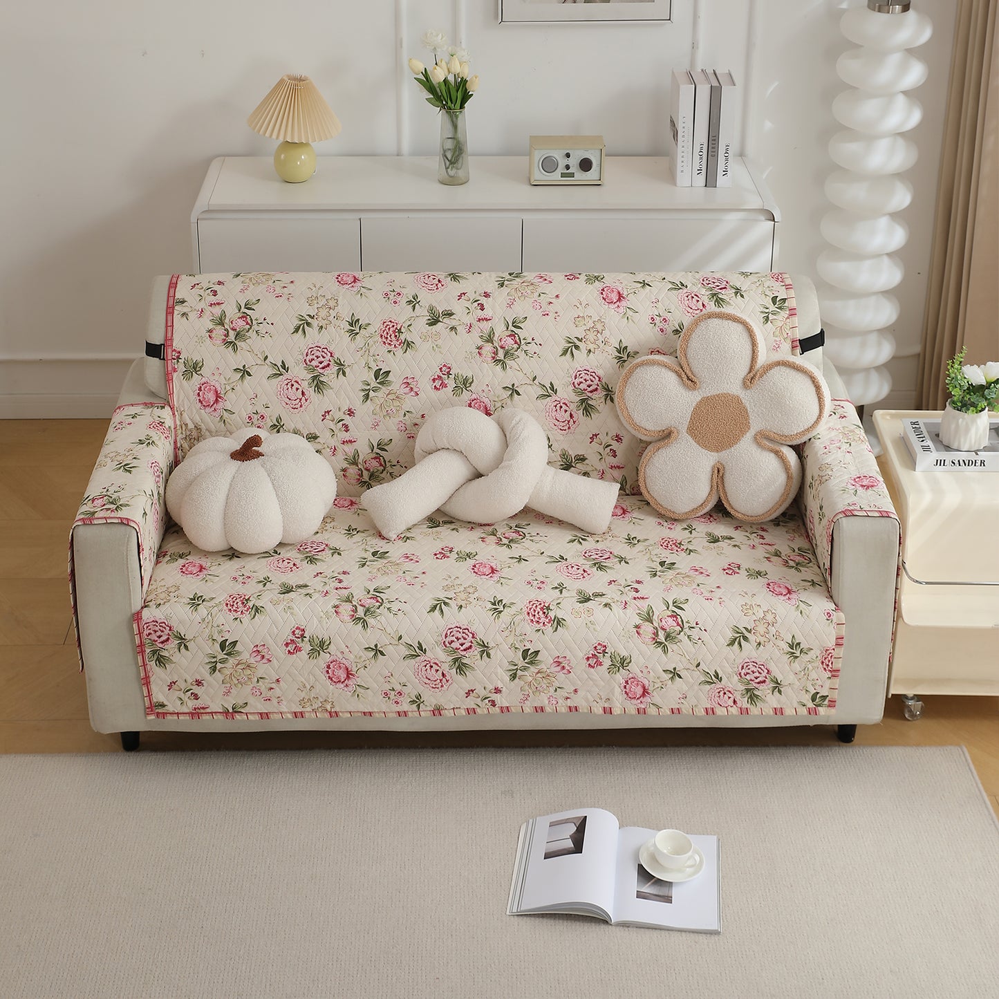 Beige Peonies Printed sofe ke cover for 3 seater