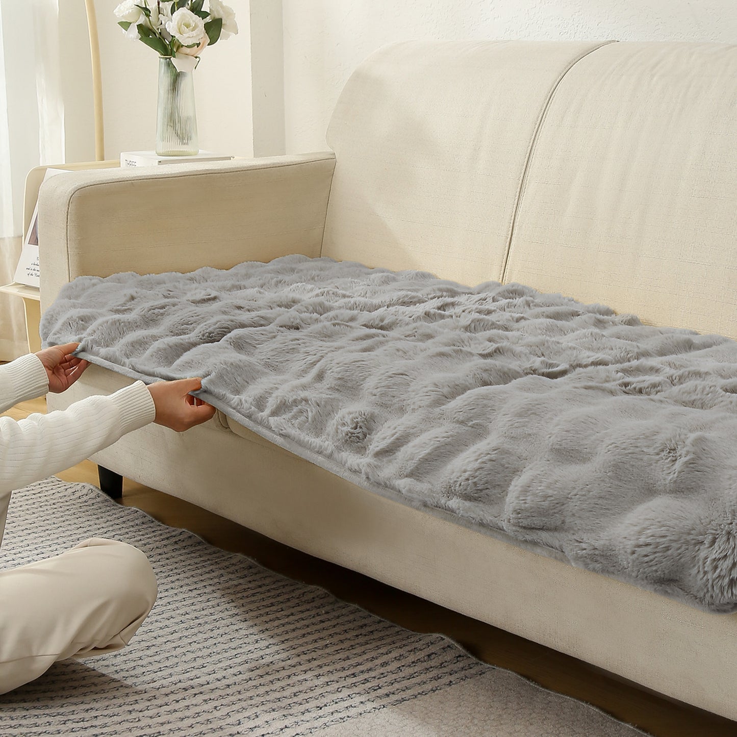 Premium Faux Rabbit Fur Anti Slip Sofa Mat for 1/2/3 Seater, Cool Grey