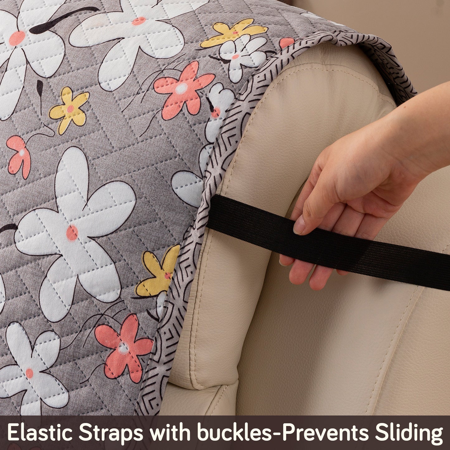Quilted Cover for Recliner Sofa with SecureFit Belt & Side Pocket, Pastel Brown Sandwort Flower