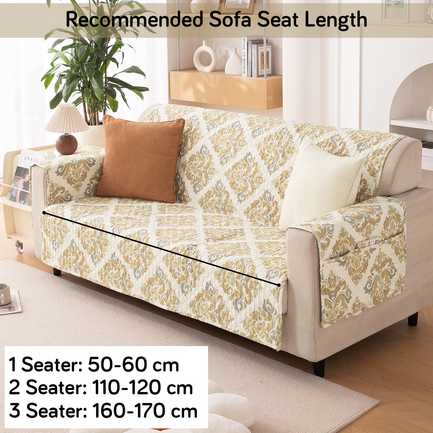 Quilted Printed Polyester Sofa Cover Mat for 1/2/3 Seater Sofa with Side Pockets, Pet Friendly, Damask Beige