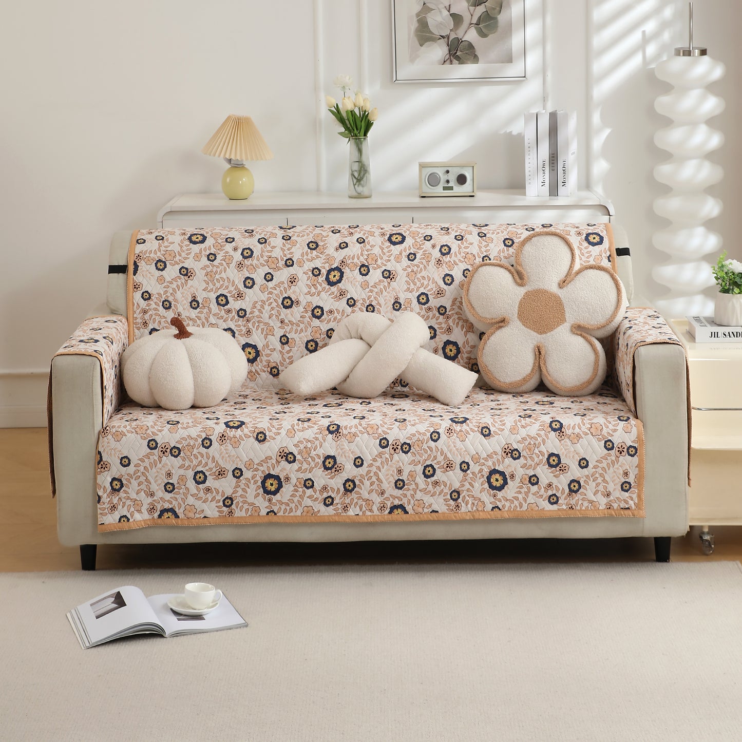 3 seater Light Peach Candytuft Printed quilted sofa ke cover