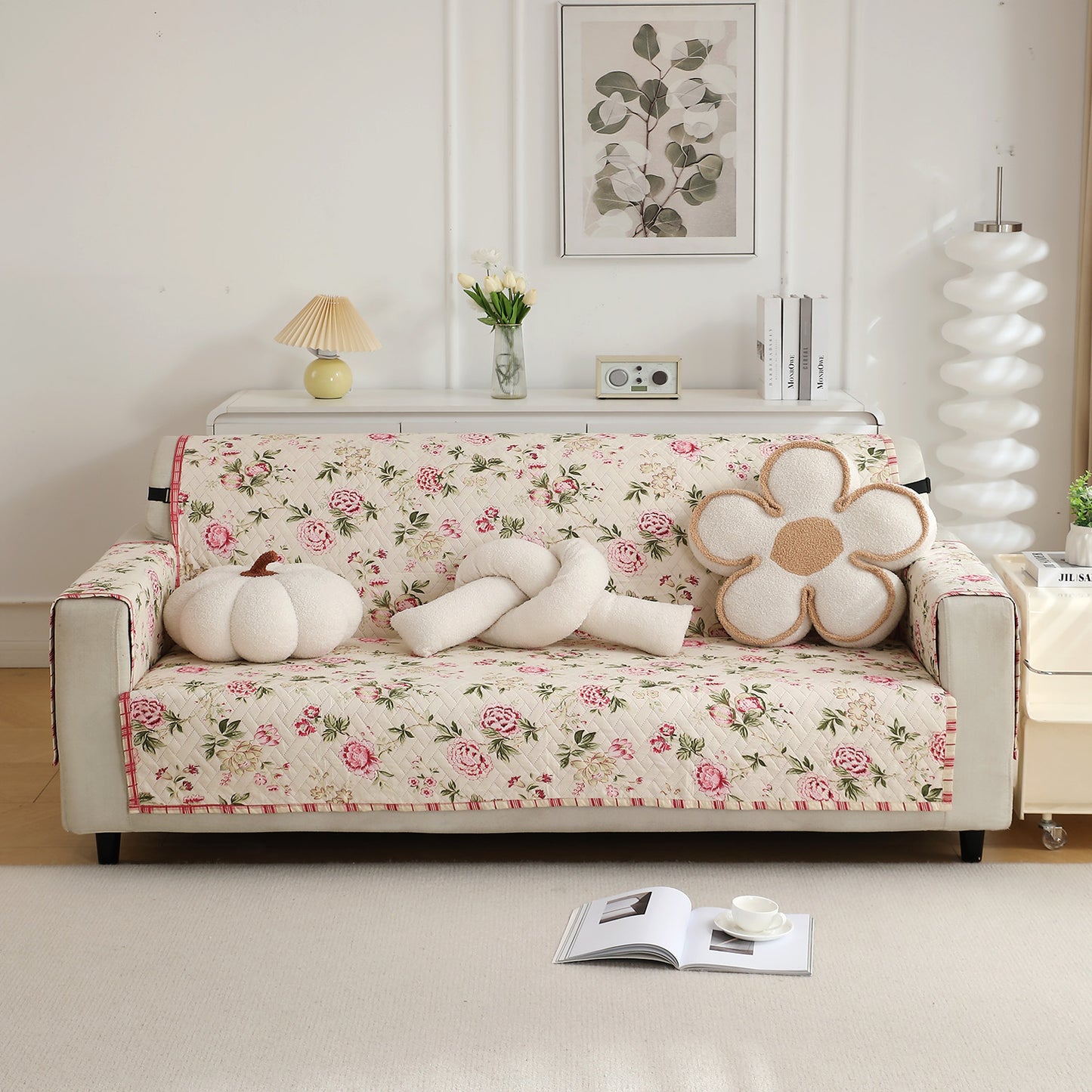 3 Seater Beige Peonies Printed quilted sofa cover