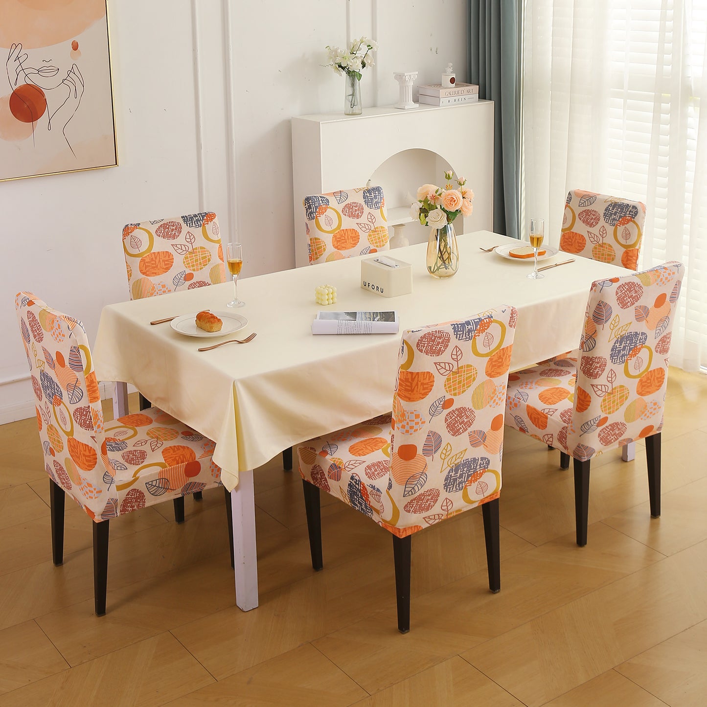 Premium Printed Velvet Dining Chair Cover Set, Coral Autumn Leaves