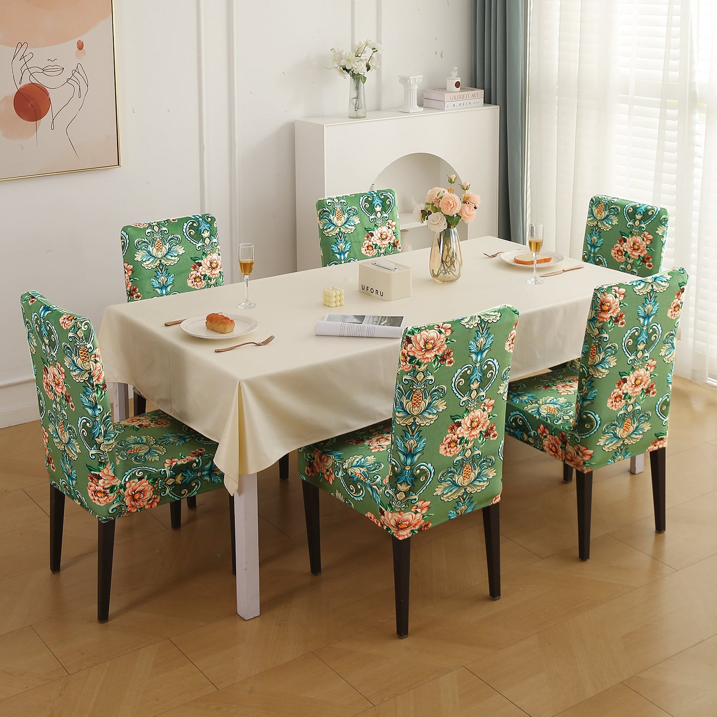 Premium Printed Velvet Dining Chair Cover Set, Green Victorian Garden