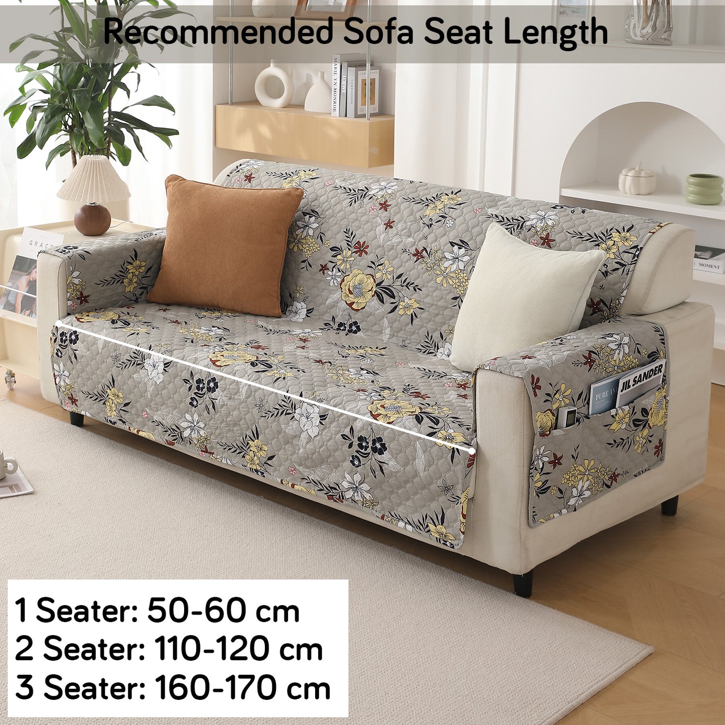 Floral Ash Grey Printed quilted two seater sofa cover with armrest and side pockets