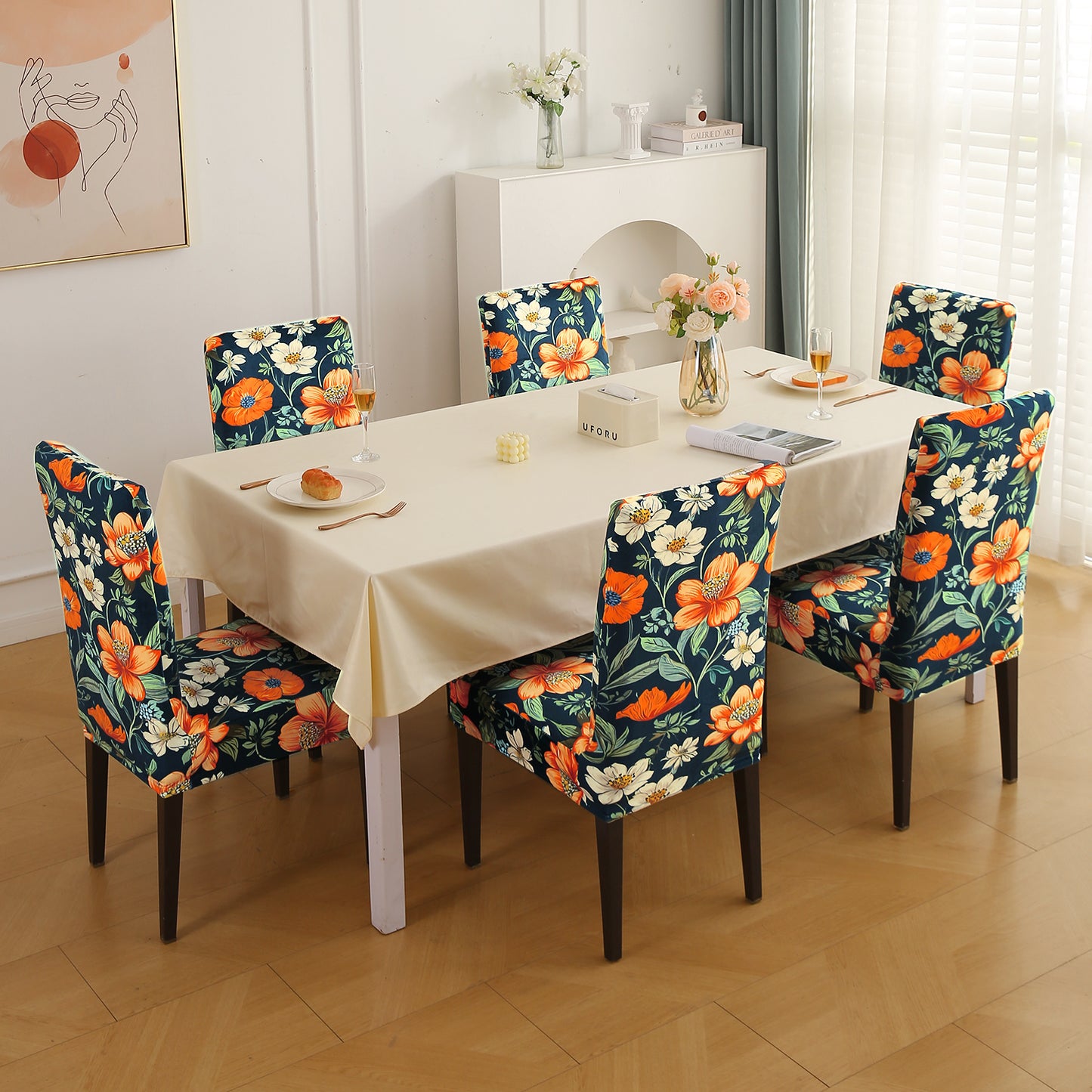 Premium Printed Velvet Dining Chair Cover Set, Teal Twilight Garden