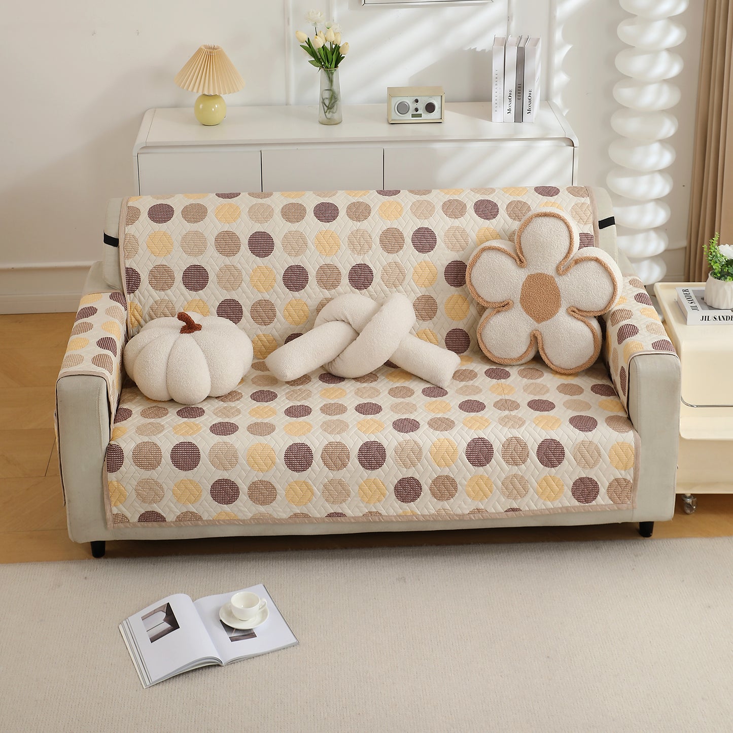 Brown Polka Dot Printed sofe ke cover for 3 seater