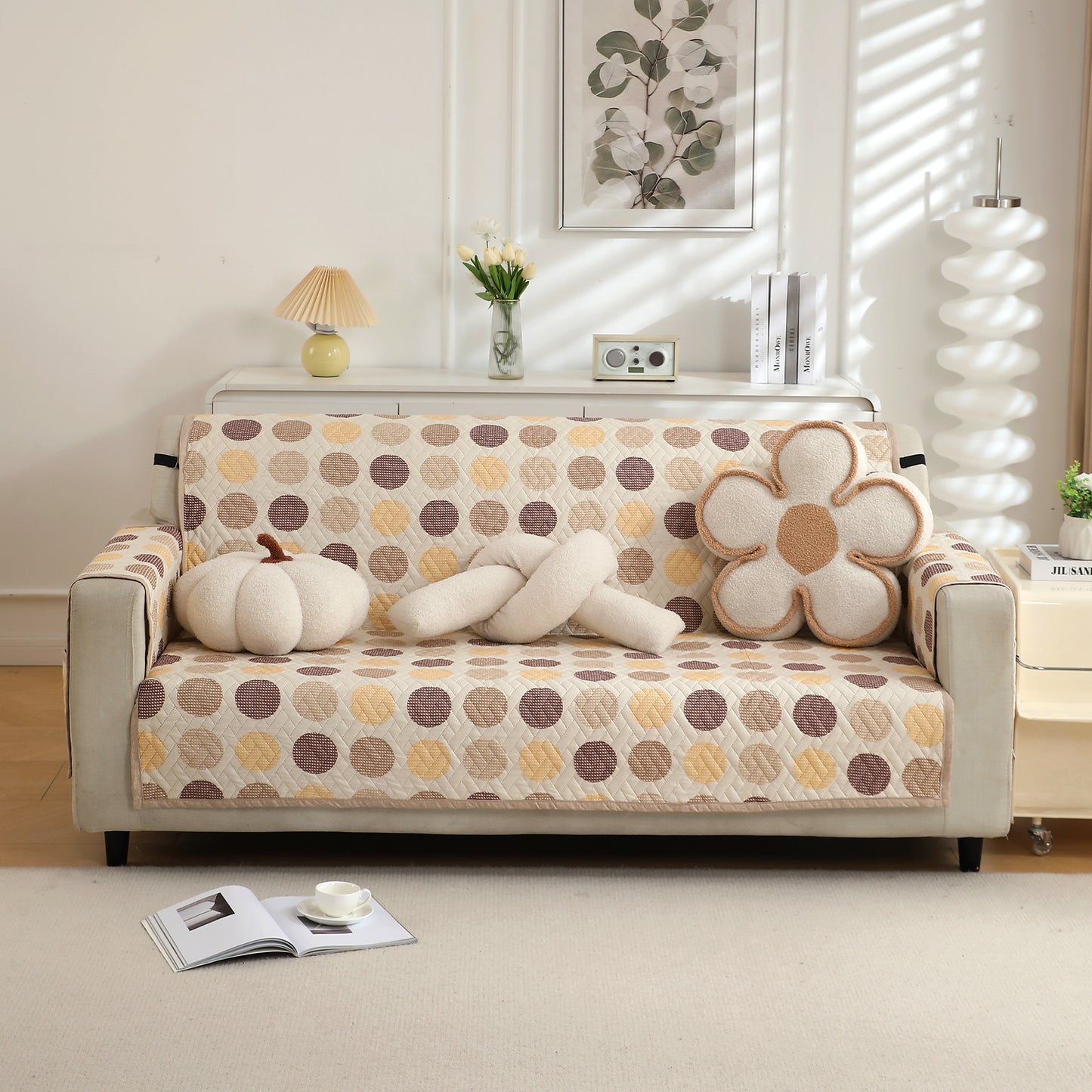 Brown Polka Dot Printed sofe ke cover for 3 seater