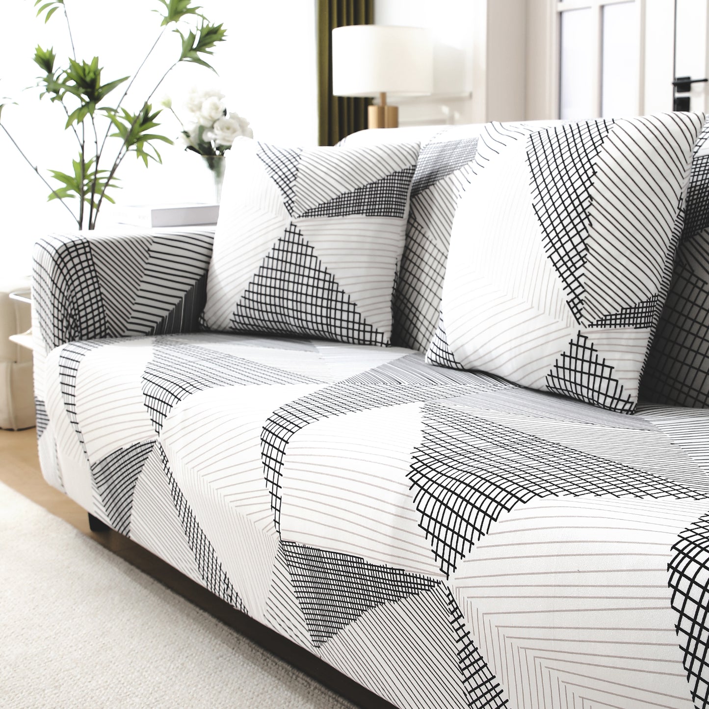 Snow White Black Geometry elastic sofa cover 3 2 seater sofas