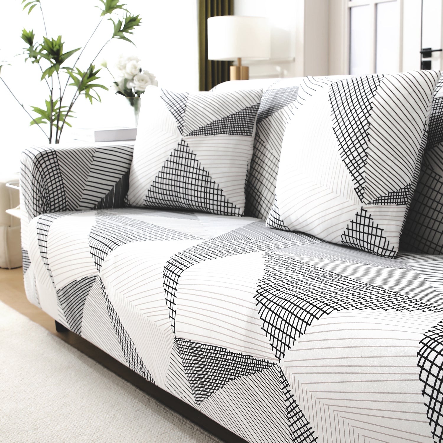 Snow White Black Geometry elastic sofa cover 3 2 seater sofas