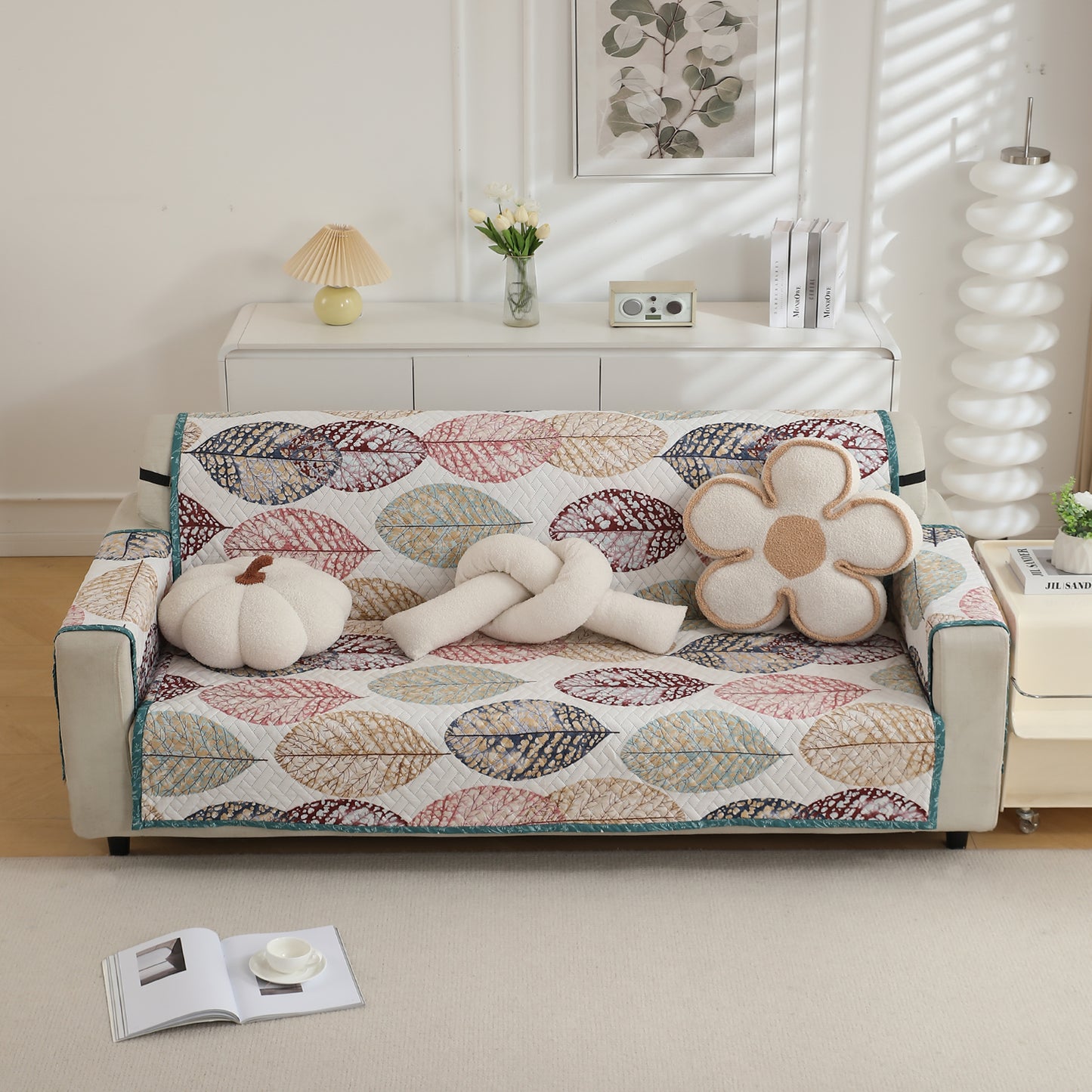 Multicolor Linden Leaf Printed quilted sofe ke cover for 3 seater