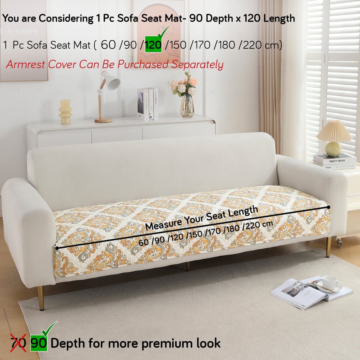 Polyester Printed Quilted Sofa Cover Mats, Damask Beige
