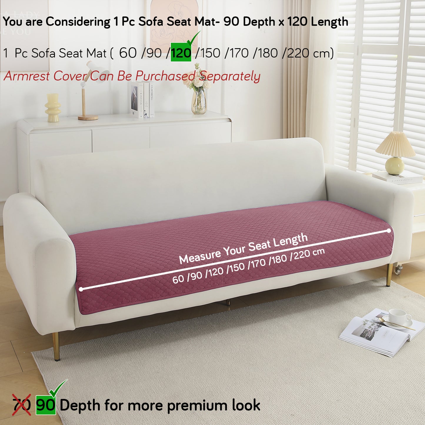 Polyester Quilted Sofa Cover Mats, Mauve Pink